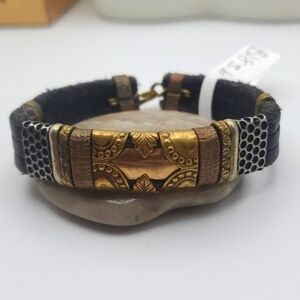 Antique leather‎ gold brushed bracelet Viking Norse B1836